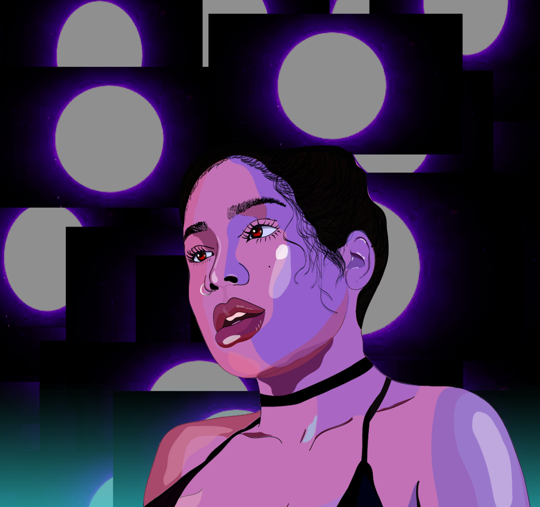 illustration of lady with moon backgrounds behind her